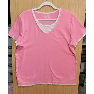 Made For Life Sz 1X Womens Faux Layered T-Shirt Top Pink Short Sleeve V Neck